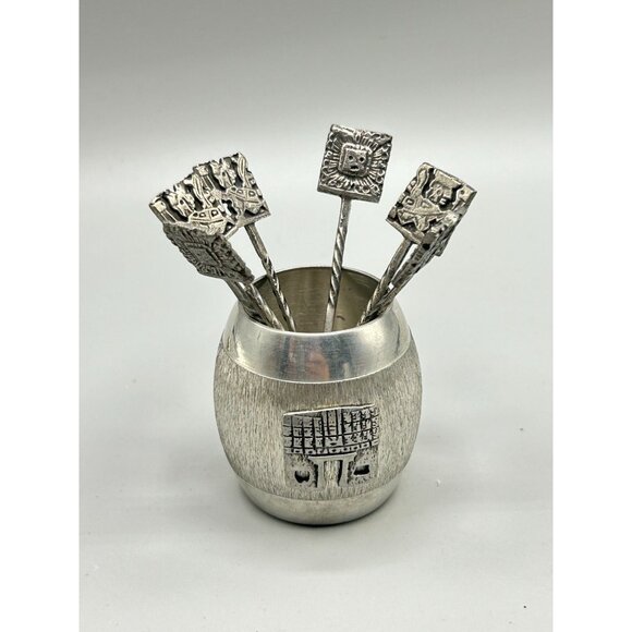 Vintage Carsu Bolivia Cocktail Picks Set with Barrel Holder 6 Picks Reusable - Picture 8 of 8